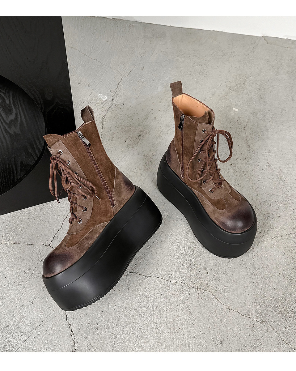 Boot Martin nữ đế dày 8.5cm cổ ngắn dây buộc phối màu da lộn — Lớp lót đơn màu be, Lớp lót đơn màu đen, Lót nhung đen, Lót nhung màu be