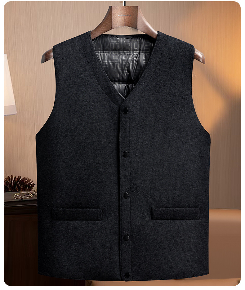 Áo gile phao len nam dáng vest không cổ, lông vũ trắng 80% giữ ấm mùa thu đông — cà phê, đen, lưới màu xám đậm, lưới màu xám nhạt