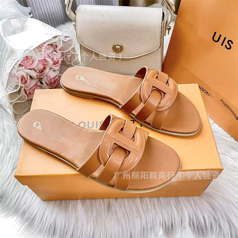 New D Brand French-Style Woven Low-Heeled Hollow Solid Color Slip-On Sandals for Women, Summer Flat Open-Toe Sandals