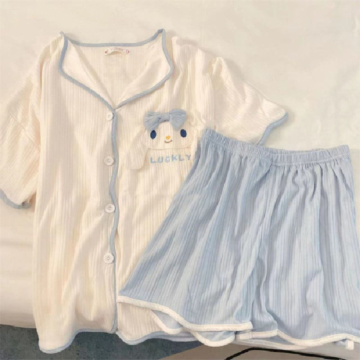 跨境睡衣女夏季短袖短裤玉桂狗刺绣蝴蝶结可爱少女宽松家居服套装