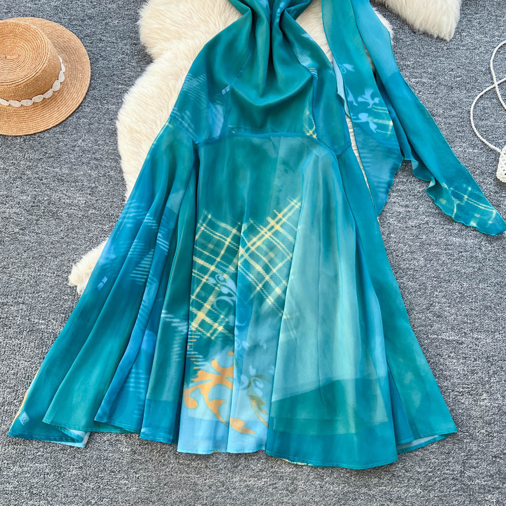 Blue Gradient Sleeveless Dress High End Quality Waist Defining Slim Fit Vacation Wear Stylish and Elegant