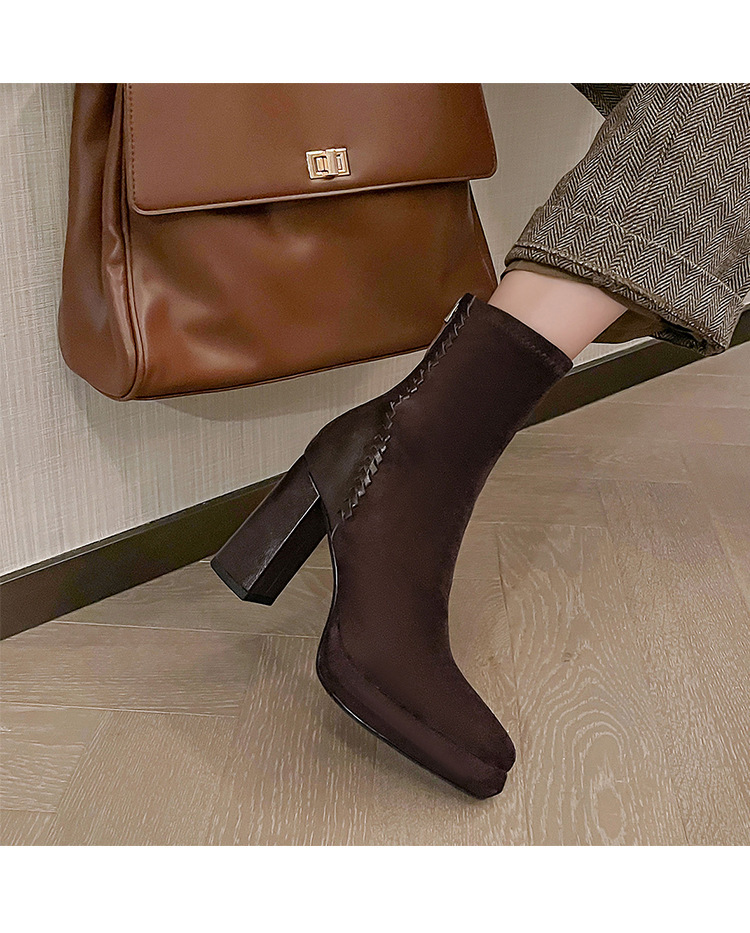 Boot nữ mũi nhọn gót thô cao 9cm cổ ngắn ôm chân phối da cừu — Lớp lót đơn màu đen, Lớp lót đơn màu nâu, Lót nhung đen, Lót nhung màu nâu