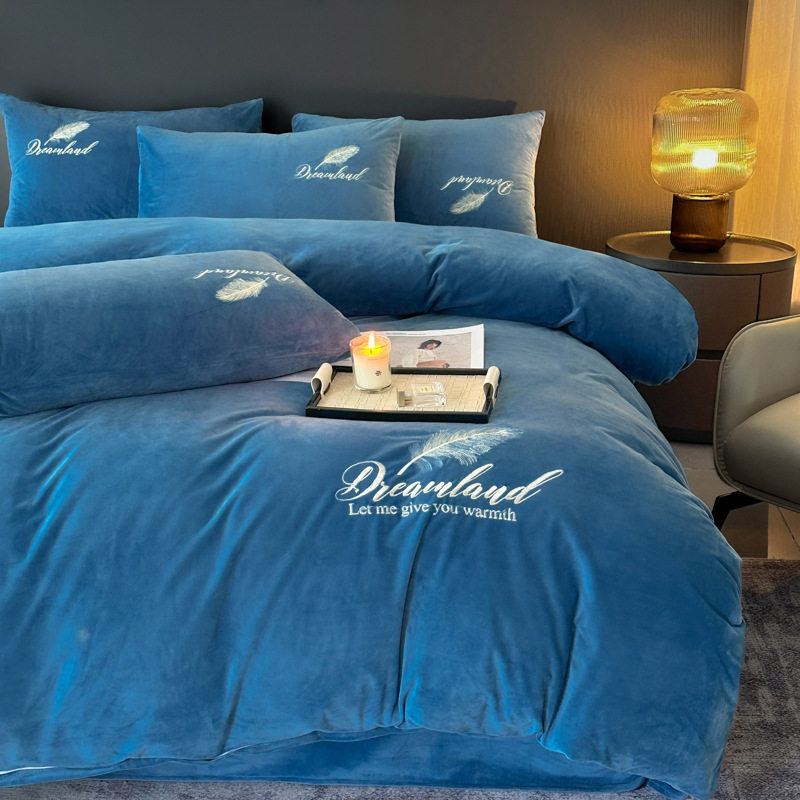 Milk Velvet Four-Piece Towel Embroidered Quilt Cover Bed Sheetss Crystal Velvet Three-Piece Set Pure Color Embroidered Bed Sheetss Bedding Home