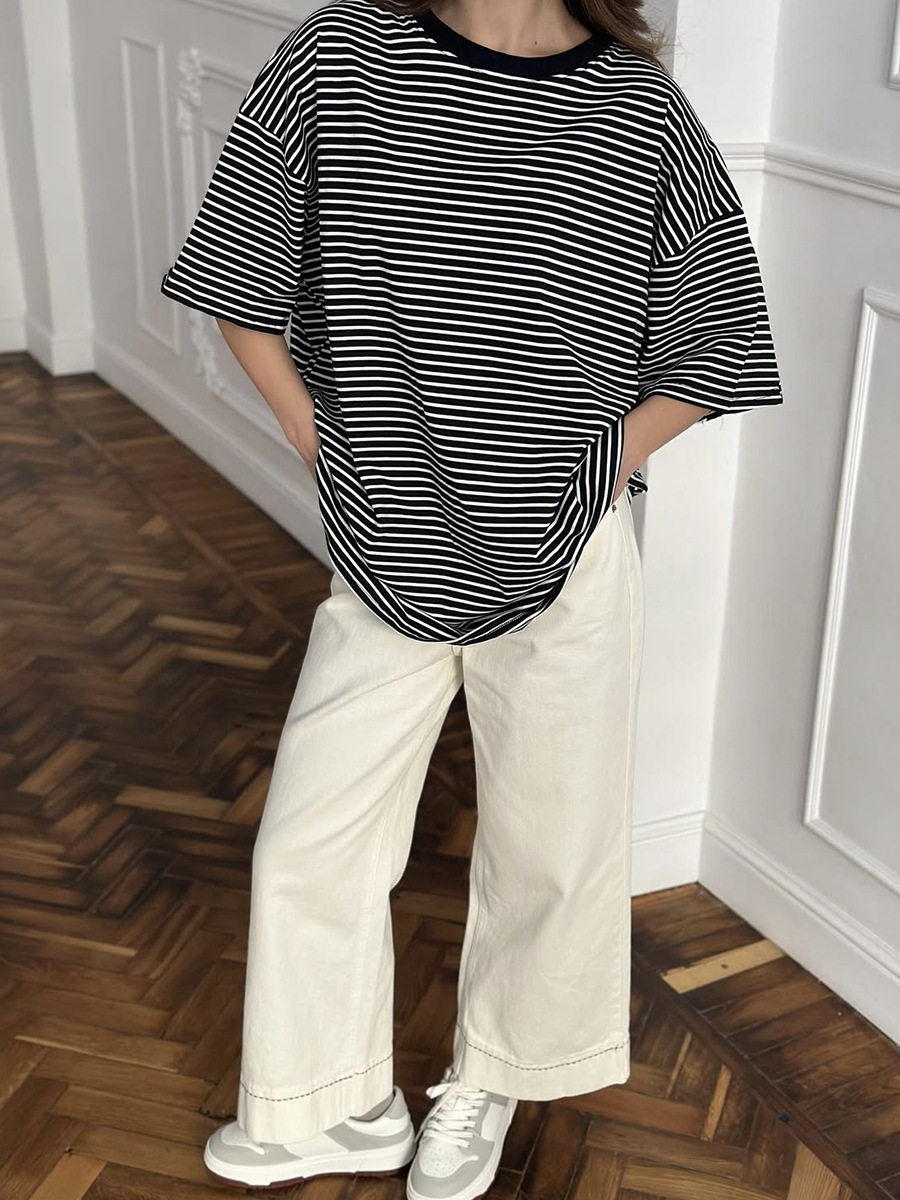 Womens Black and White Striped Short Sleeve T Shirt Color Block Loose Fit Round Neck Casual Top Spring Summer