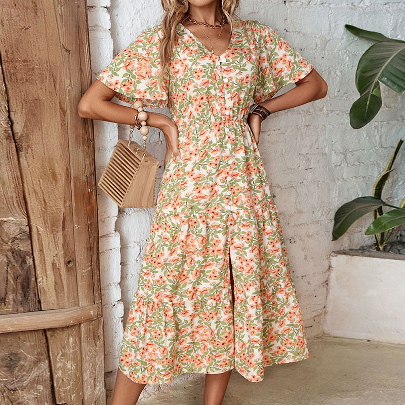 Vintage Floral Print Dress Summer Collection Womens Casual Wear Wholesale Available bulk order