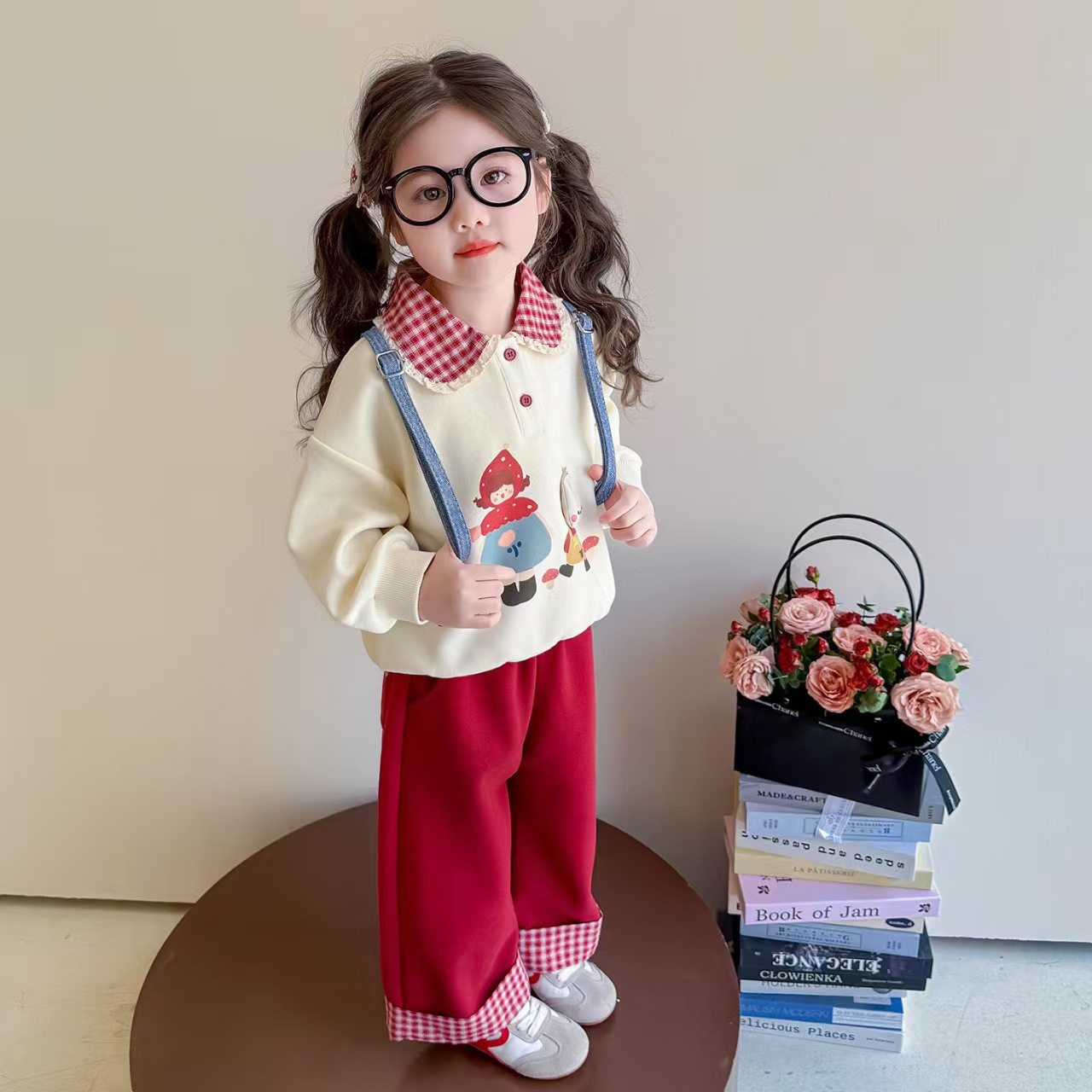 Girls' Hoodie Set, New Autumn Collection, Toddler Fall Mushroom & Bunny Print, Red Stylish Plaid Patchwork Color-Block Outfit