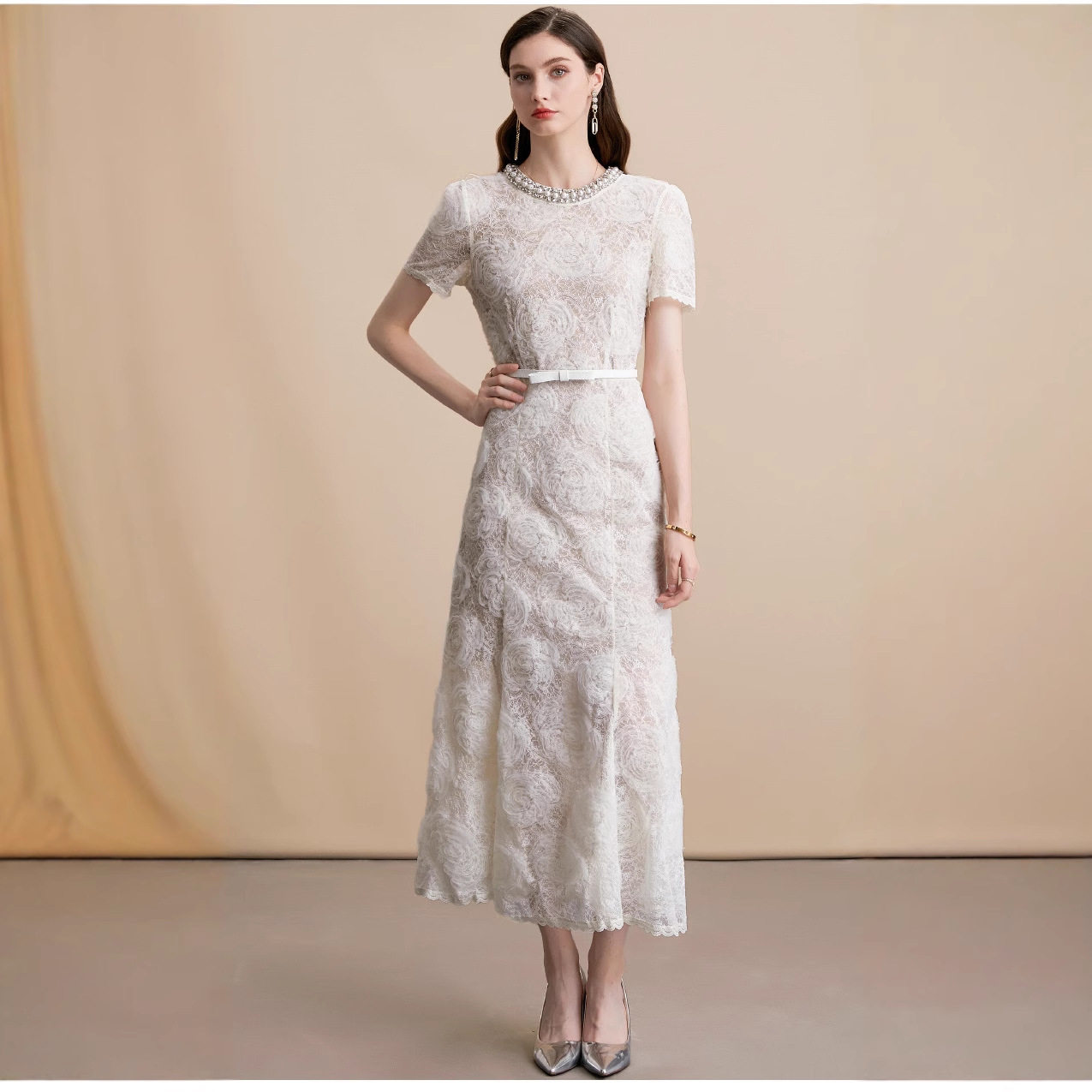 French Elegant Beaded Lace Dress Short Sleeve Round Neck Fishtail Design Summer Cocktail or Formal Occasion