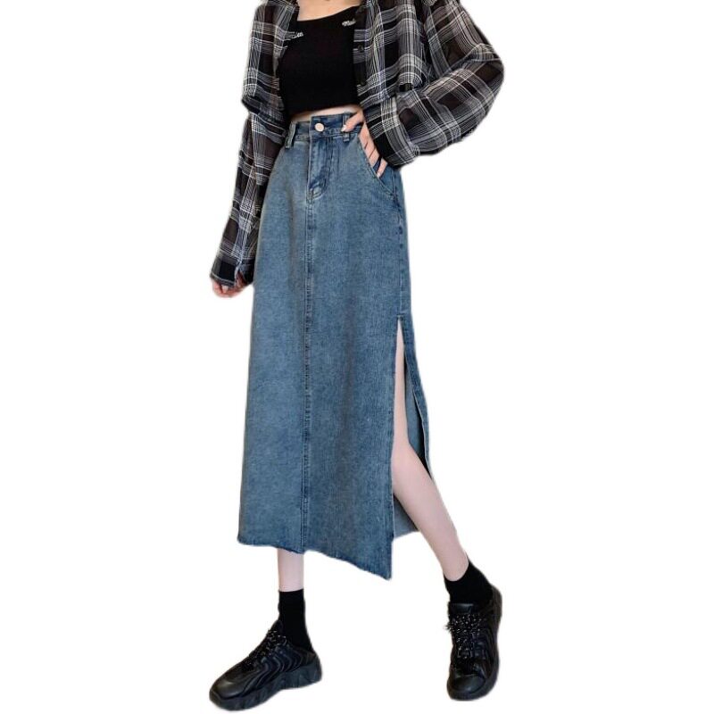 High Waisted A Line Denim Skirt Vintage Style Irregular Split Mid Length Spring Summer Fashion Wholesale Available
