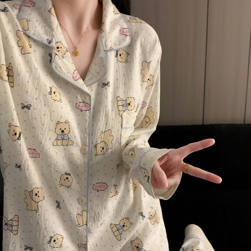 带胸垫大码睡衣女春秋季长袖甜美少女草莓条纹家居服套装现货跨境