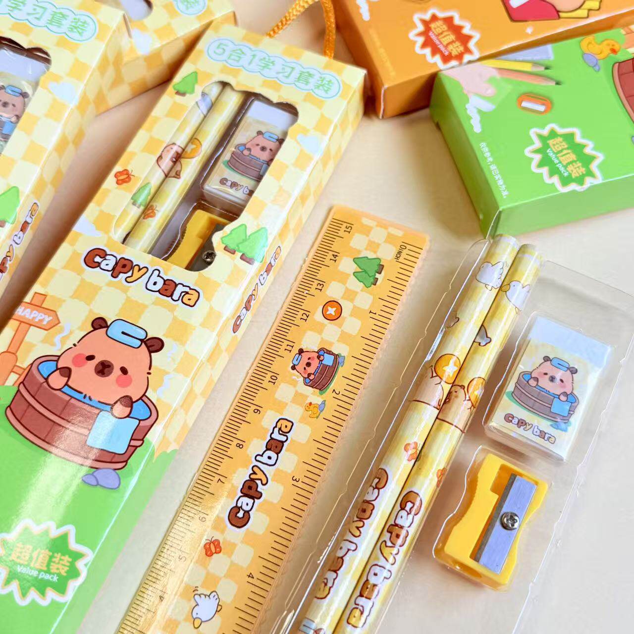 Kapibala Pencil Stationery Set Children's Five-Piece Prize Ruler Eraser Set Gift Box Gift Wholesale