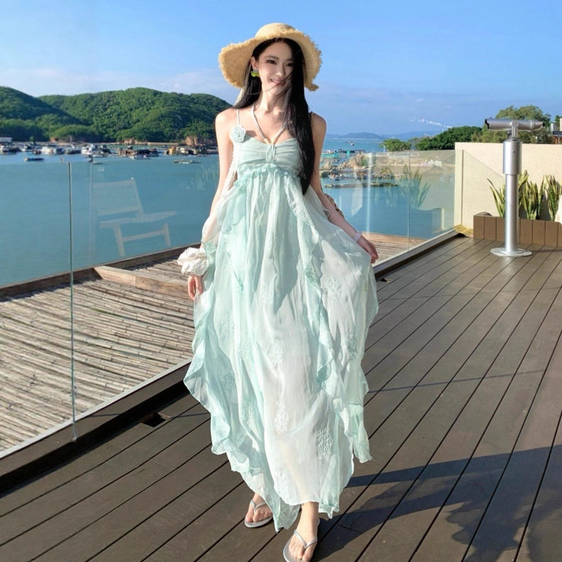 Beach Vacation Style Womens Maxi Dress Stunning Blue Color Floral Embroidery Ruffled Hem Irregular Design Perfect