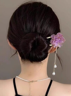 精致牡丹花流苏U型发簪女级感盘发簪子步摇古风发钗子插梳头饰