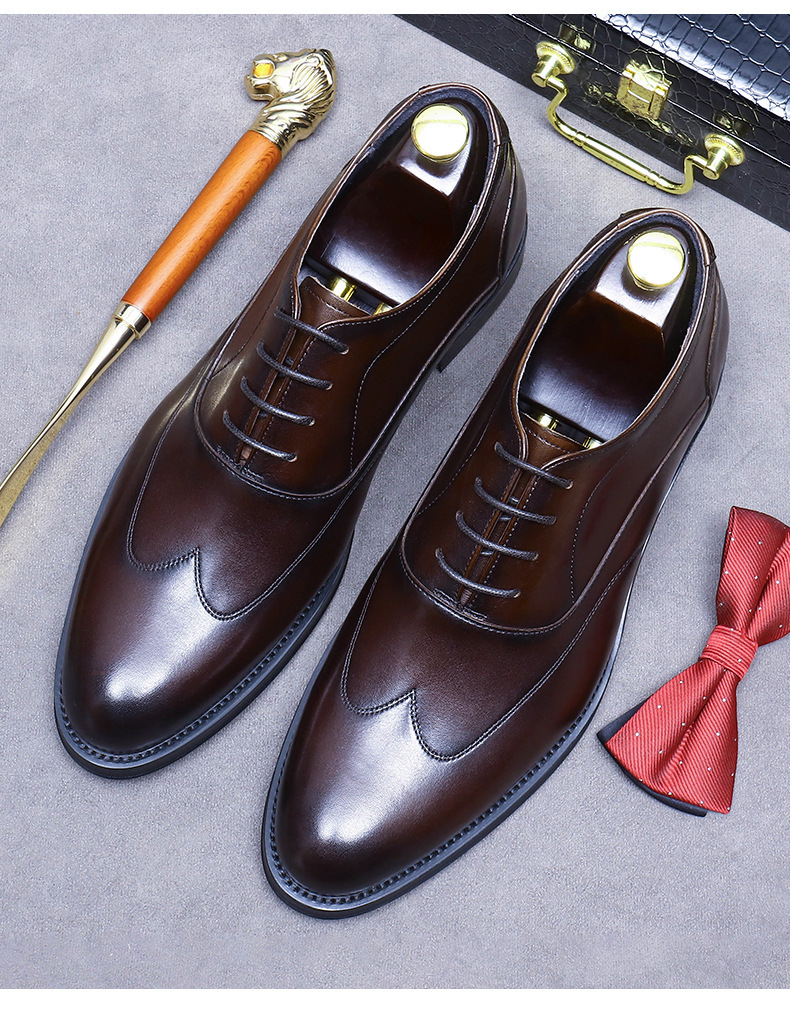 Giày Oxford nam da bò thật thủ công mũi nhọn tăng chiều cao trong, phong cách công sở — Màu đen độn cao bên trong, Màu cà phê tăng chiều cao bên trong