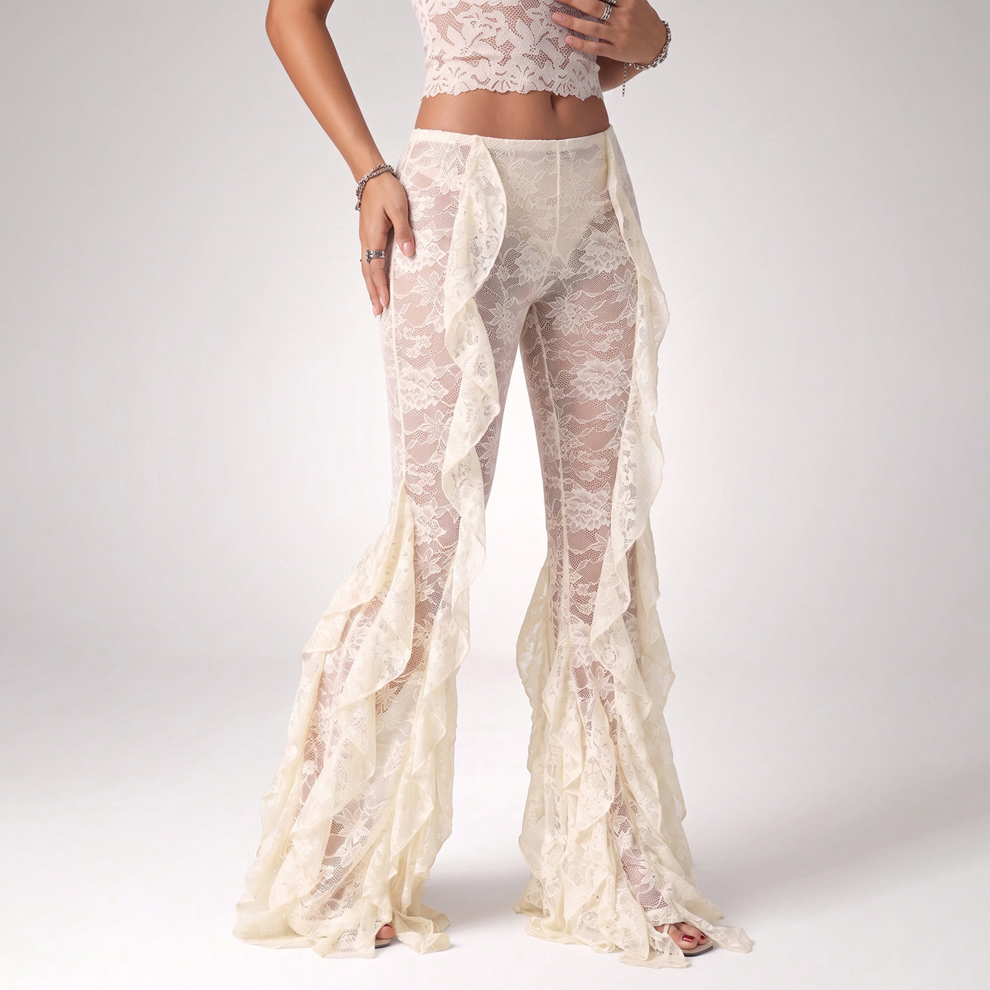 Womens Fashionable Ruffled Hem Slim Fit Pants Sheer Sexy Trendy Autumn Collection Wholesale Available