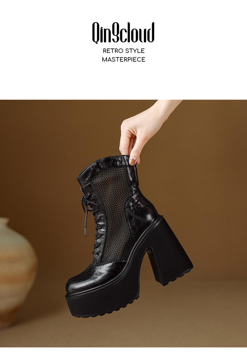 Boot nữ cao gót siêu cao đế platform khoét lỗ phối lưới thoáng khí — màu đen