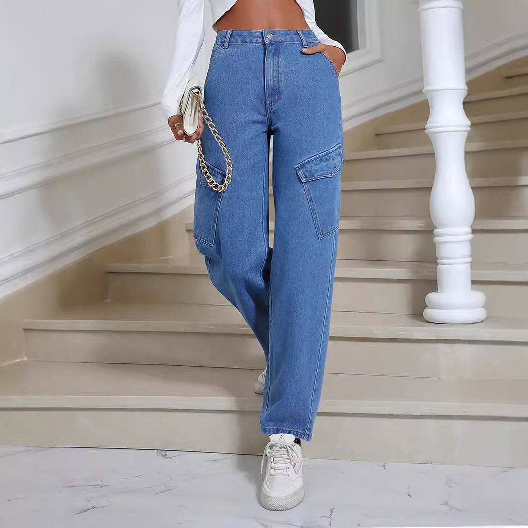 Womens Straight Leg Denim Jeans Trendy Street Style Pocket Design Casual Wear Wholesale Available