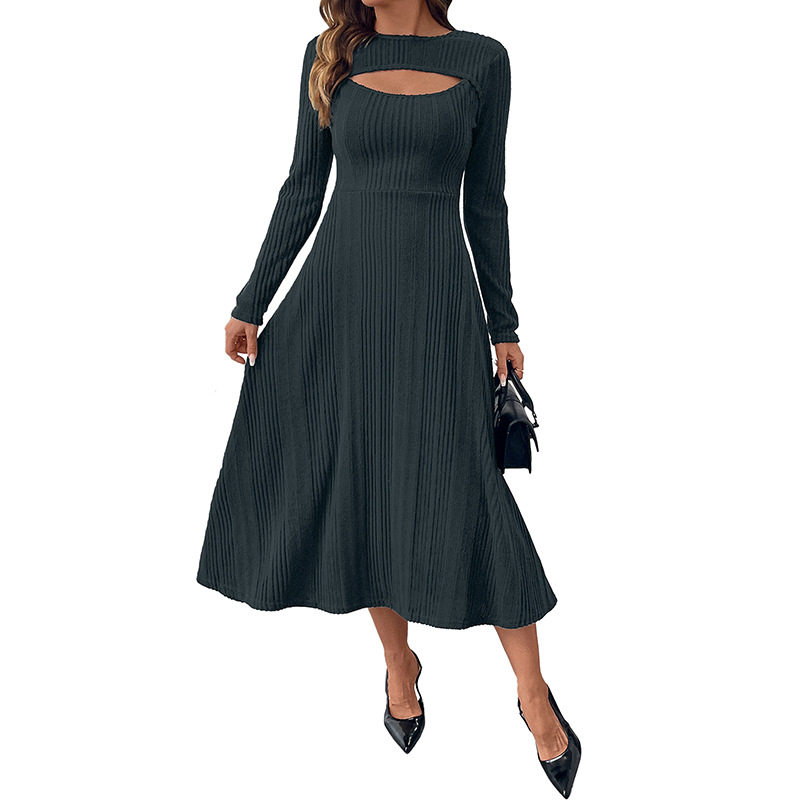 Elegant Hollow Out Round Neck Bodycon Dress Solid Color Slim Fit Suitable for Office Wear Wholesale Available