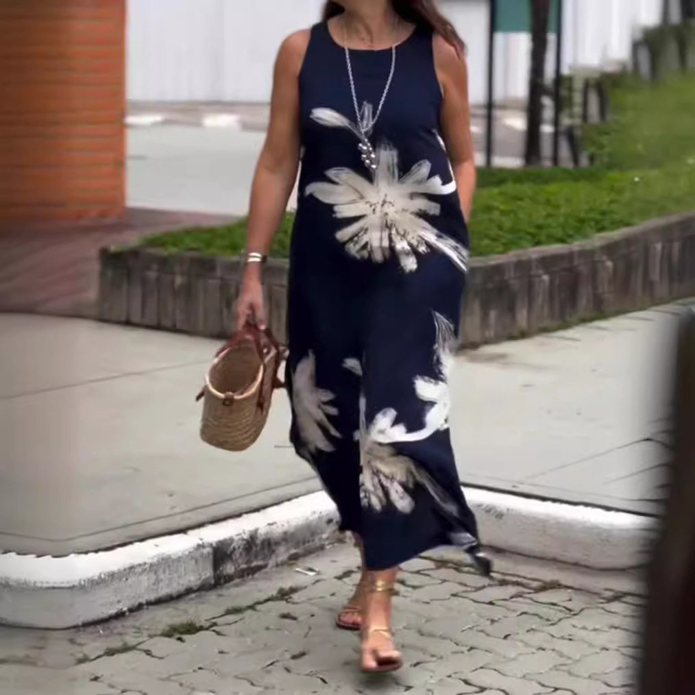 Summer Floral Print Sleeveless Dress for Women Round Neck Pocket Design Casual Style Wholesale Available