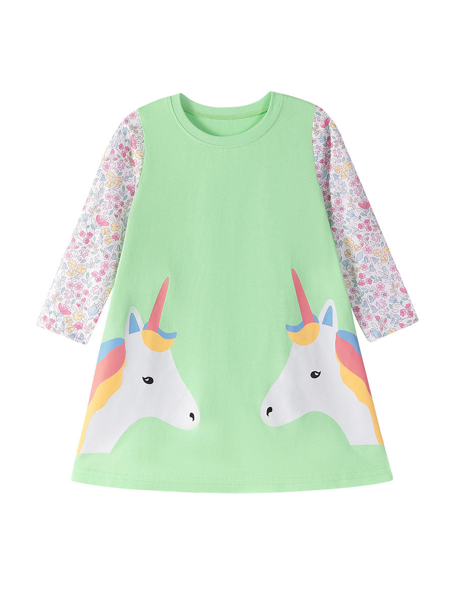 Gaun anak perempuan gaya musim gugur lengan panjang kartun, gaun anak