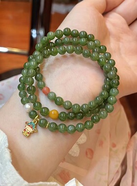 天然和田玉三圈手链女式碧玉圆珠手串新中式复古蜜蜡南红财神手饰