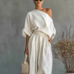 2026 New Spring Summer US & Europe Solid Color Elegant Off-Shoulder T-Shirt with Pockets Versatile Casual Loose Two-Piece Set
