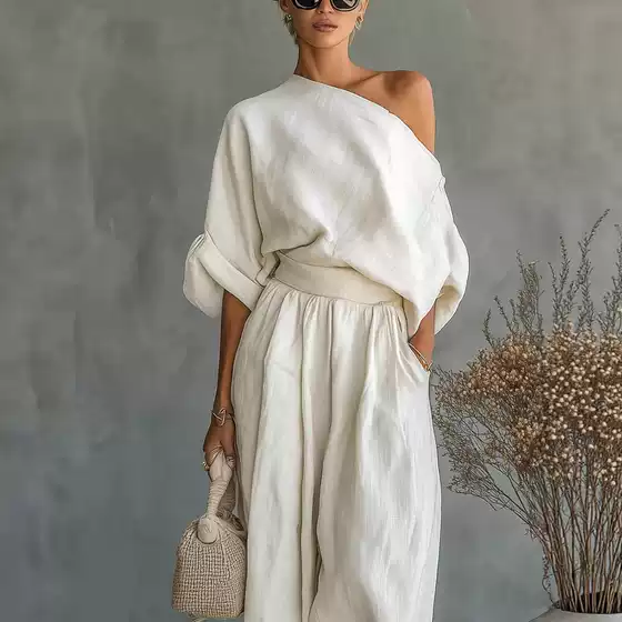 2026 New Spring Summer US & Europe Solid Color Elegant Off-Shoulder T-Shirt with Pockets Versatile Casual Loose Two-Piece Set