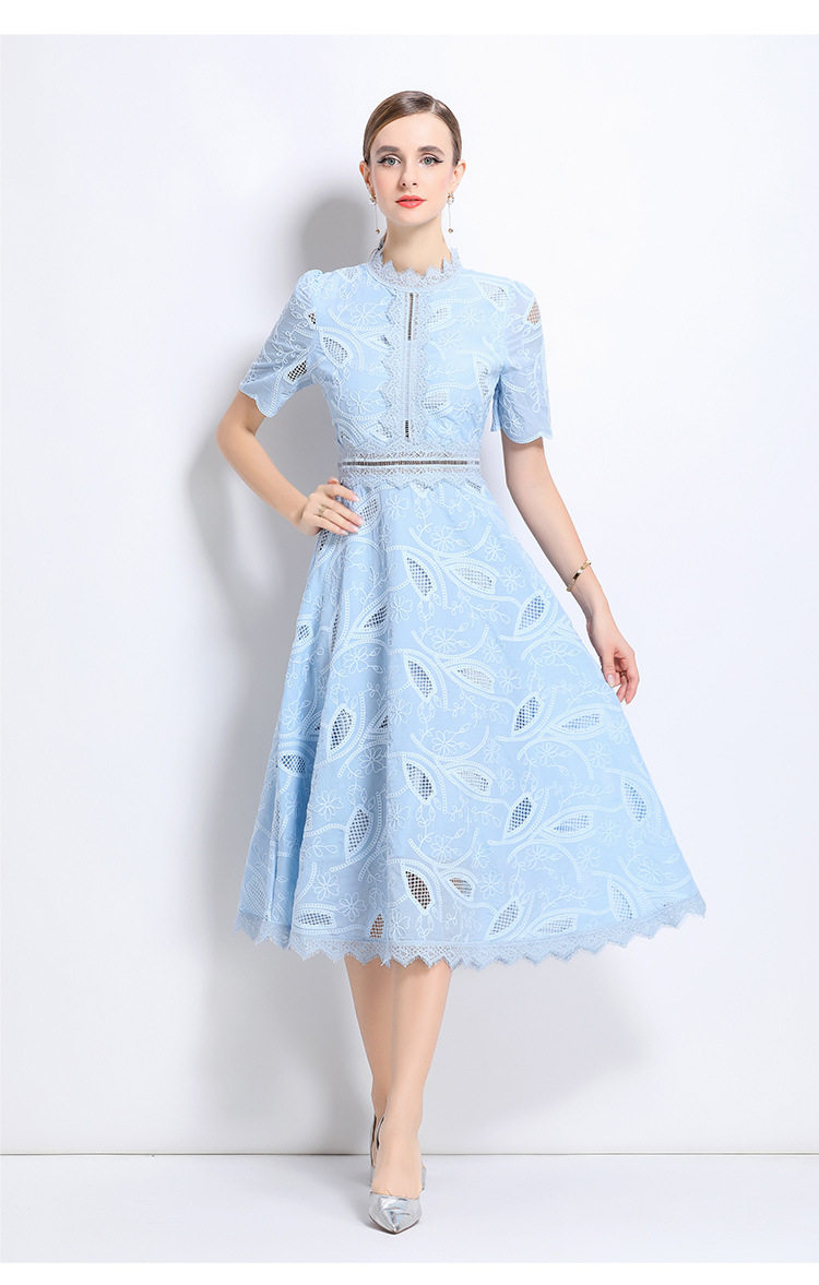 Elegant Short Sleeve Lace Dress for Women French Style Hollow Out Waist Defined High End Fashion Perfect for Formal
