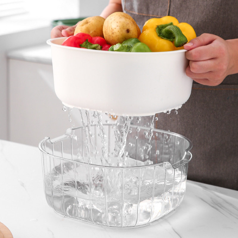 Internet Celebrity Double Layer Vegetable and Fruit Draining Basket Kitchen Fruit and Vegetable Washing Basket Binaural Handle Plastic Vegetable Washing Basin