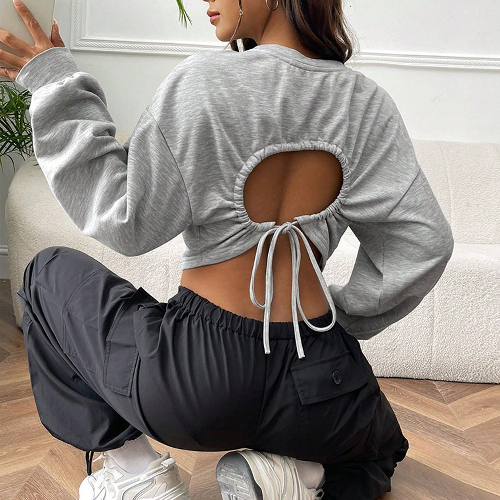High Waisted Cropped Sweatshirt Drawstring Waist Loose Fit Long Sleeve Casual Style Wholesale Available