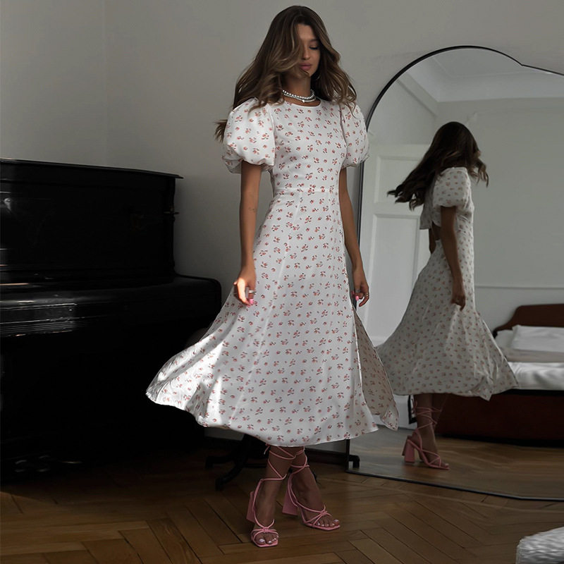 Floral Print Maxi Dress French Style Round Neck Puff Sleeves Backless High Slit Summer Casual Wear Wholesale