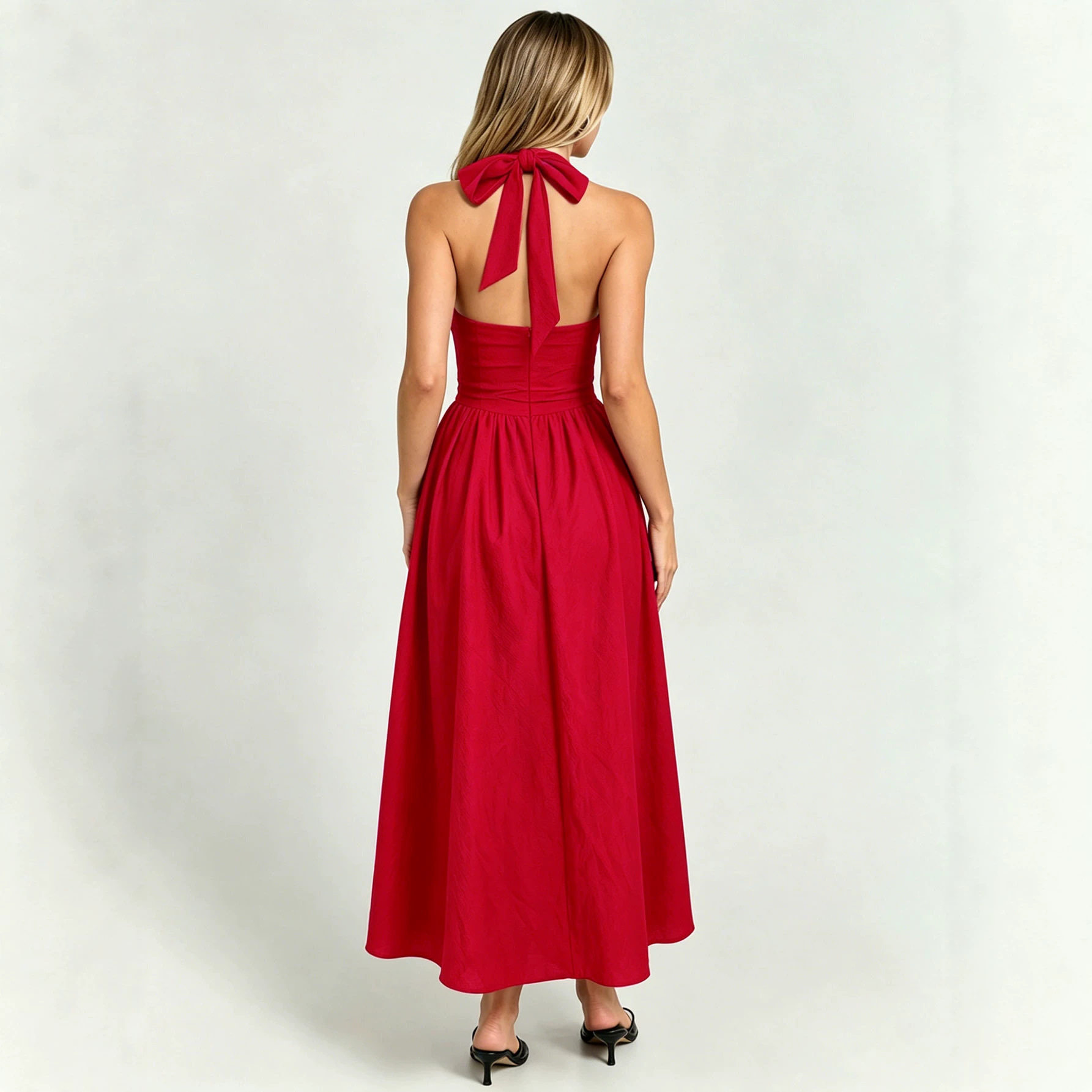 Vintage French Style Halter Neck Tie Dress Backless Waist Cinching Flared Hem High Slit Perfect for Vacations and