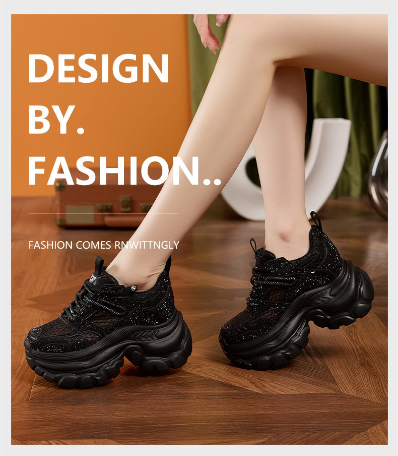 Sneaker nữ chunky đế dày rhinestone mũi tròn dây buộc — Trắng, Bạc, Đen chi tiết 13