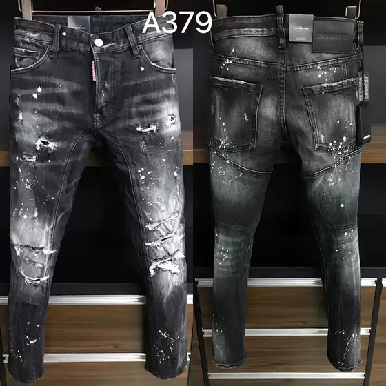 A379 stitching fashion patch with diamond holes DSQ Men's jeans tide cross-border European style small feet men's pants