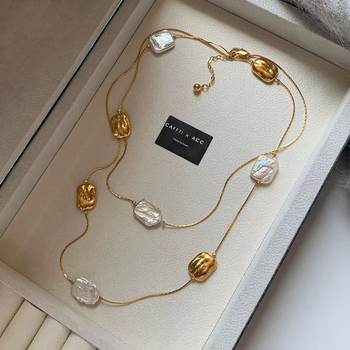 Natural Baroque Golden Long Pearl Exaggerated Necklace for Women to Wear Light Luxury and High-End Elegant Sweater Chain