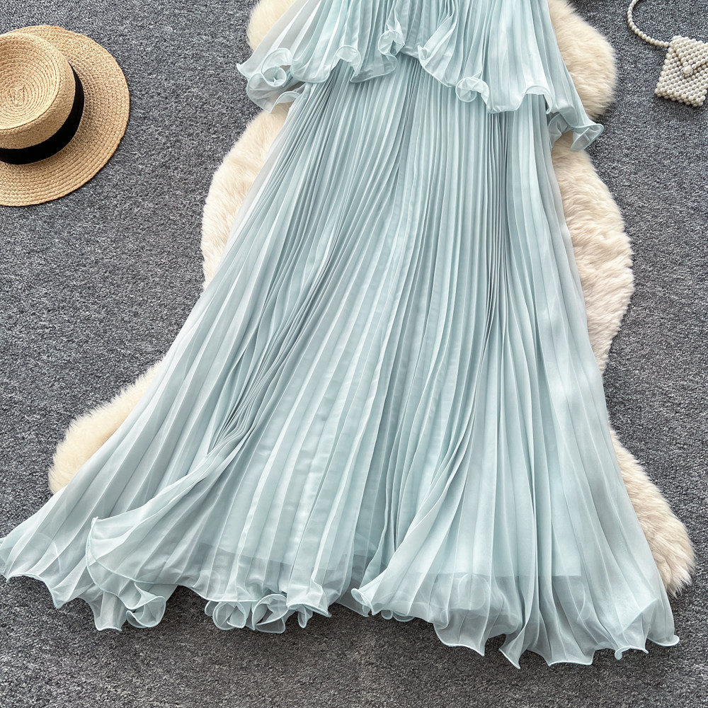 Summer Womens Light Blue Ruffled Hem Sleeveless Maxi Dress High Waist Pleated Flattering Fit Vacation Style