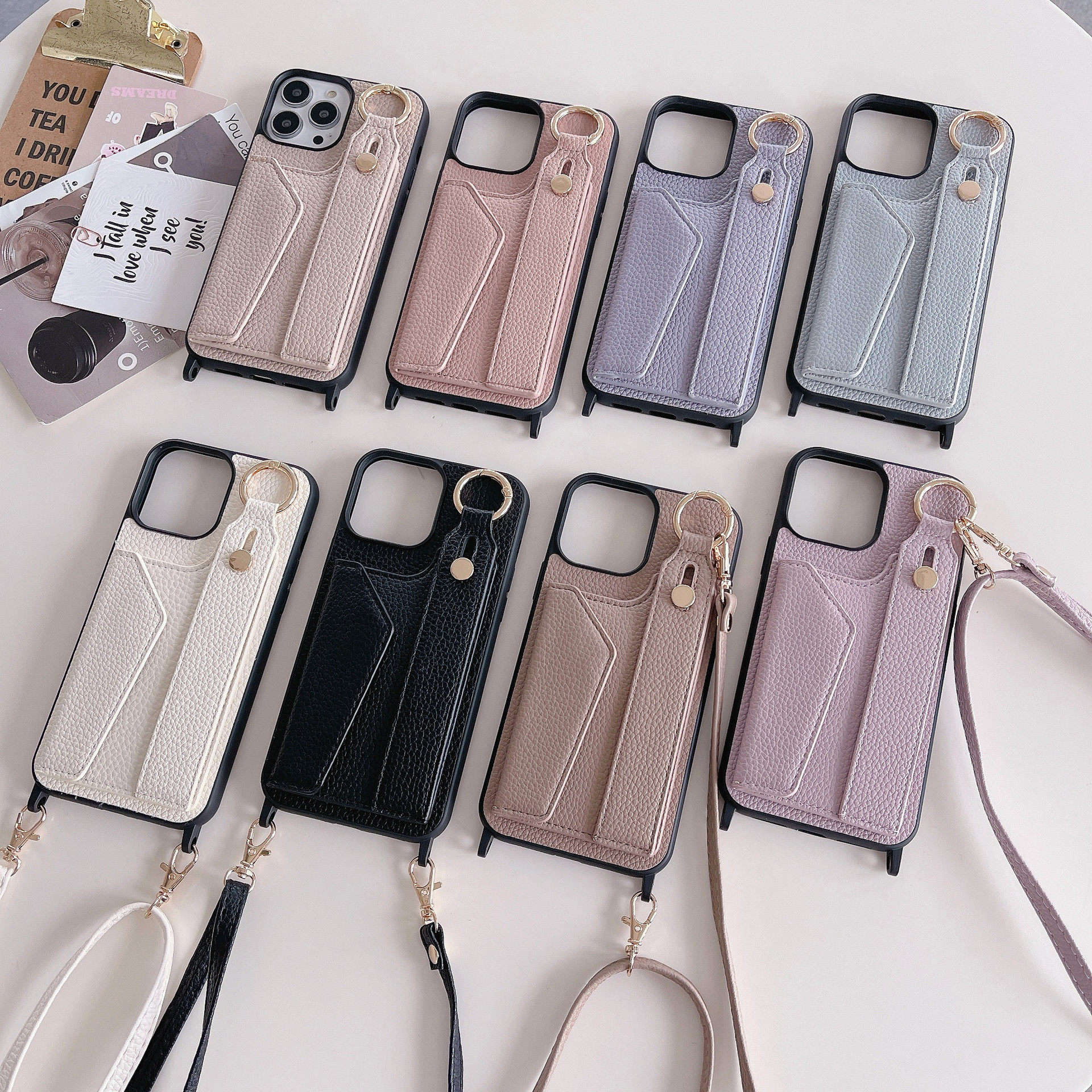 Suitable for Iphone17Promax Wrist Strap Mobile Phone Case Apple 12/13 Crossbody Shoulder Strap Card Protection Leather Case