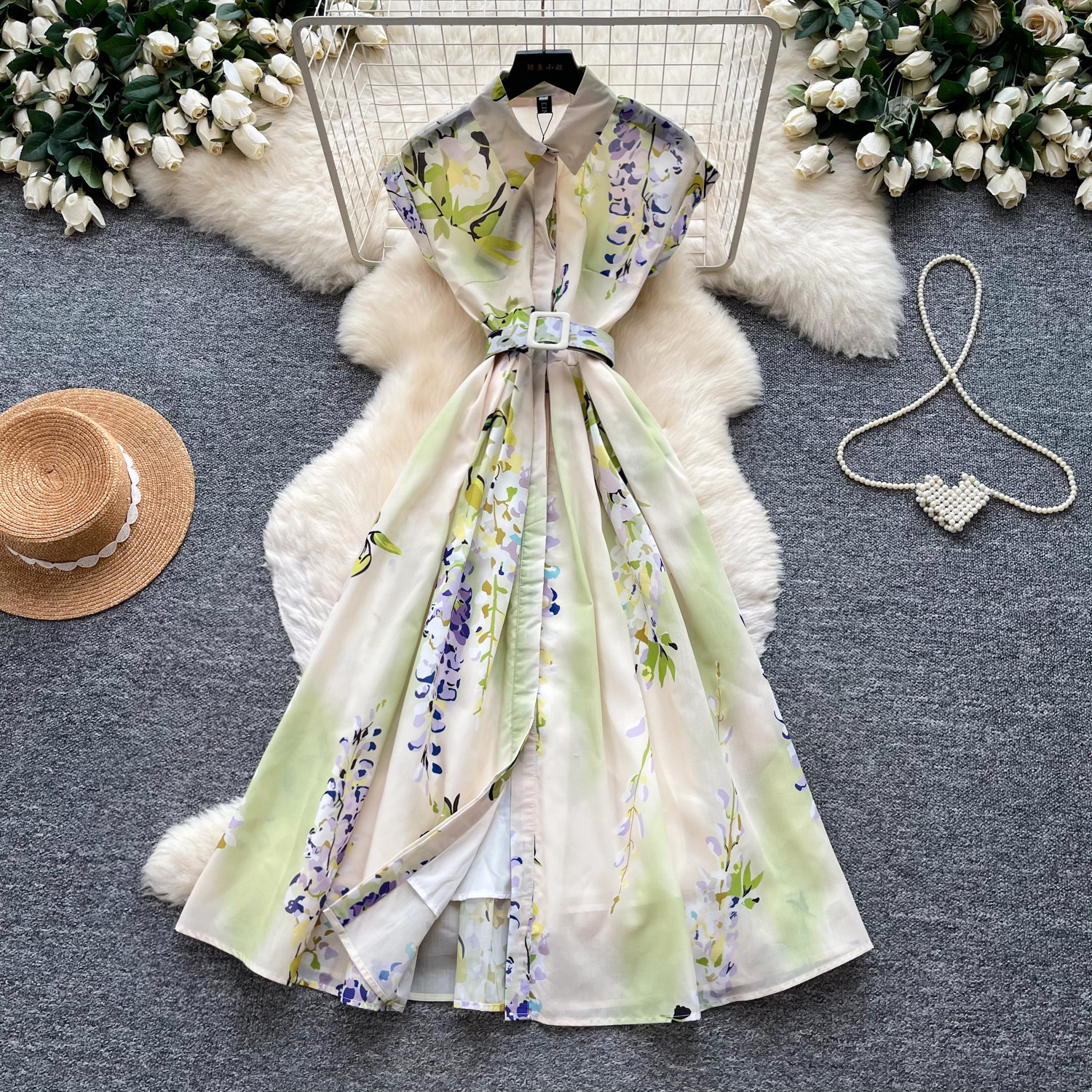 Elegant Floral Print Sleeveless Dress Slim Fit Waist Belt Lightweight Fabric Summer Casual Wear for Women Wholesale