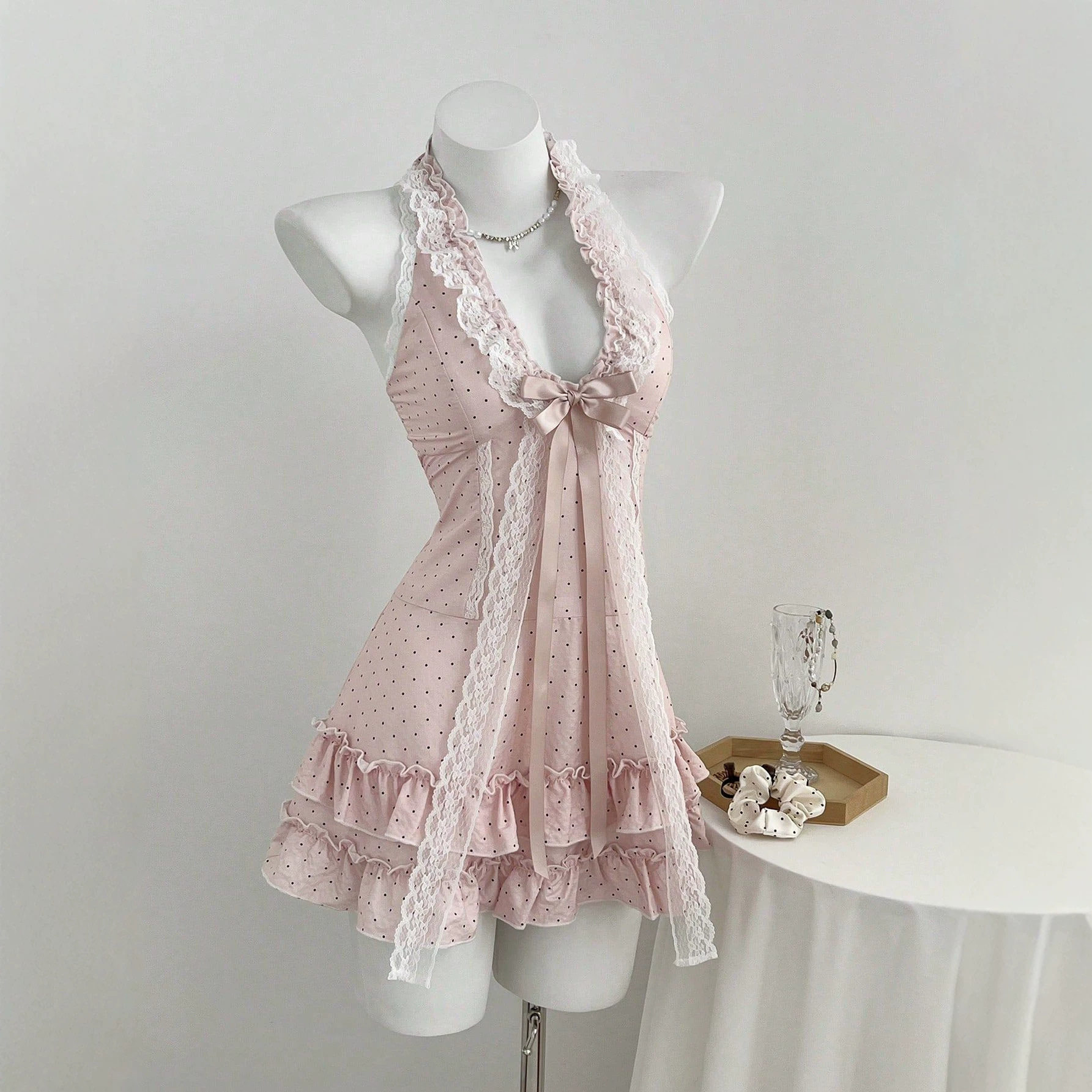 Polka Dot V Neck Cake Dress Bow Tie Neckline Waist Defined Womens Fashion Perfect for Parties and Events Ready to
