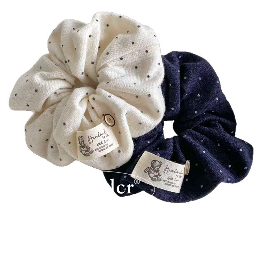 Korean-Style Soft Polka Dot Knit Fabric Label Bear Scrunchie Ins Autumn and Winter New Bun Low Ponytail Hair Tie