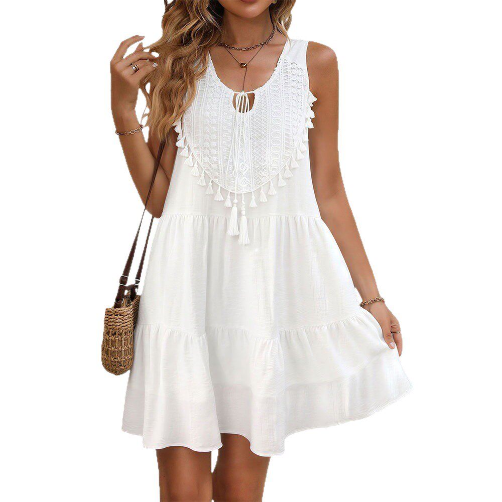 Bohemian White Sleeveless Dress Ethnic Style V Neck Tassel Detail Short Length Summer Beach Vacation Wear