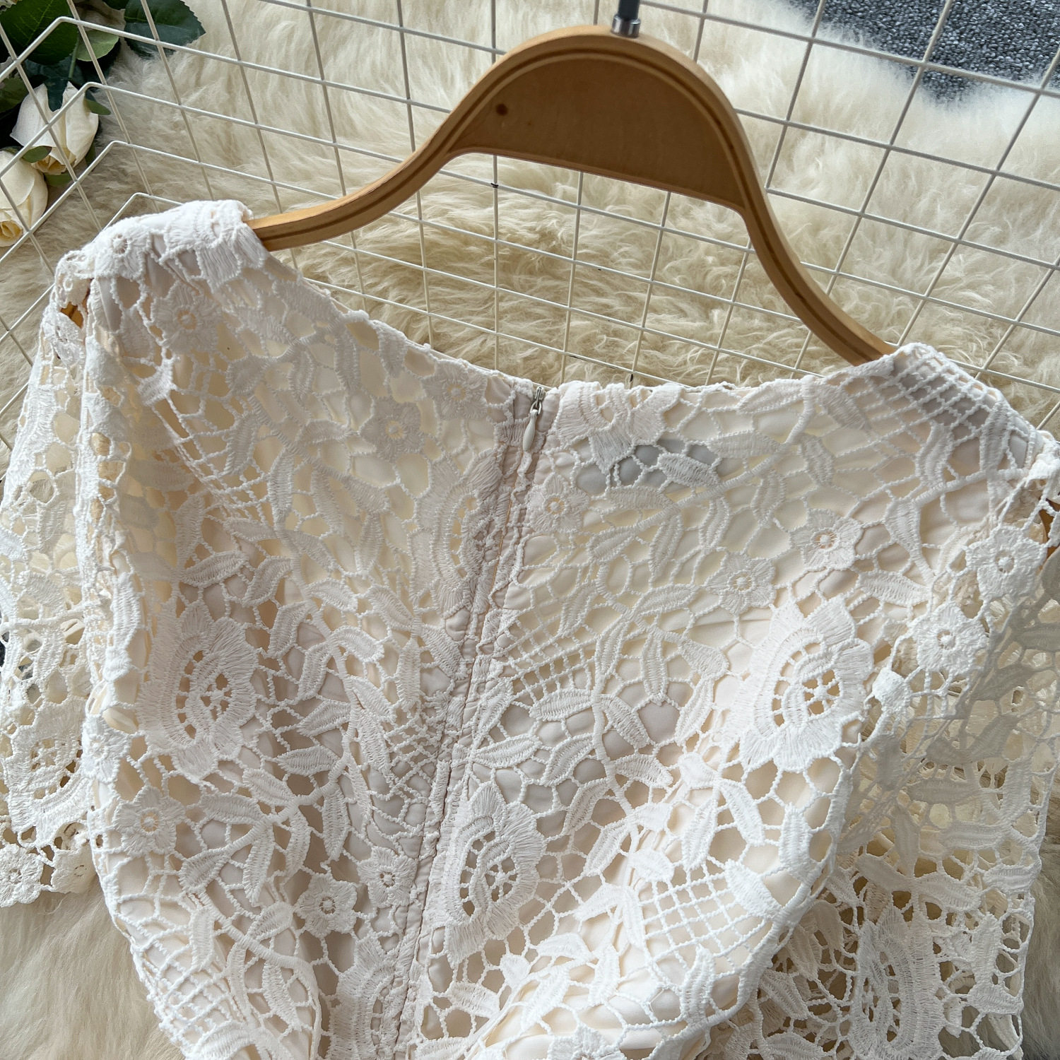 Elegant Womens Dress Summer French Style Short Sleeve Lace Bodycon with Square Neck