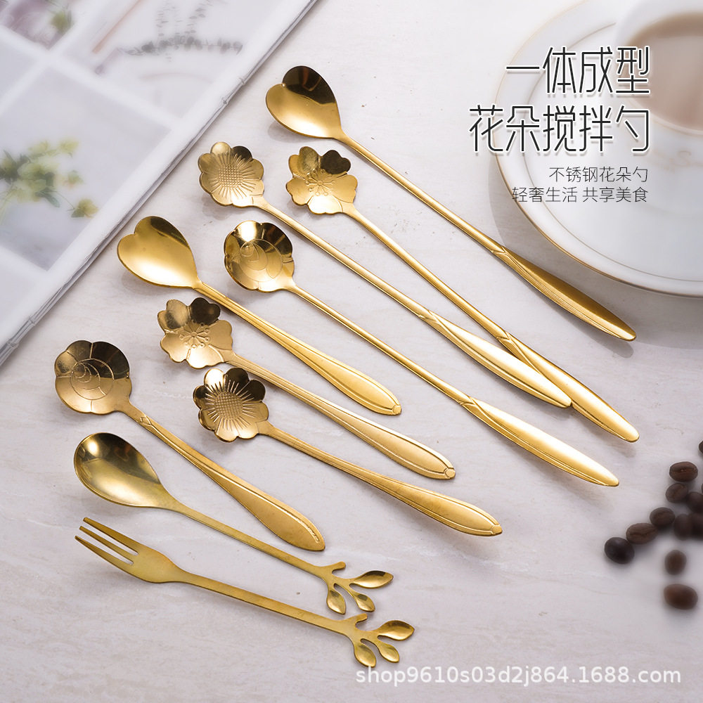 Spoon Stainless Steel High Color Value Cherry Blossom Spoon Coffee Mixing Spoon Golden Long Handle Ice Spoon Dessert Spoon Accompanying Gift Spoon