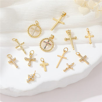 14K True Gold Color-preserving Micro-inlaid Zircon European and American Cross Pendant Earrings Necklace Bracelet Pendant DIY Jewelry Accessories