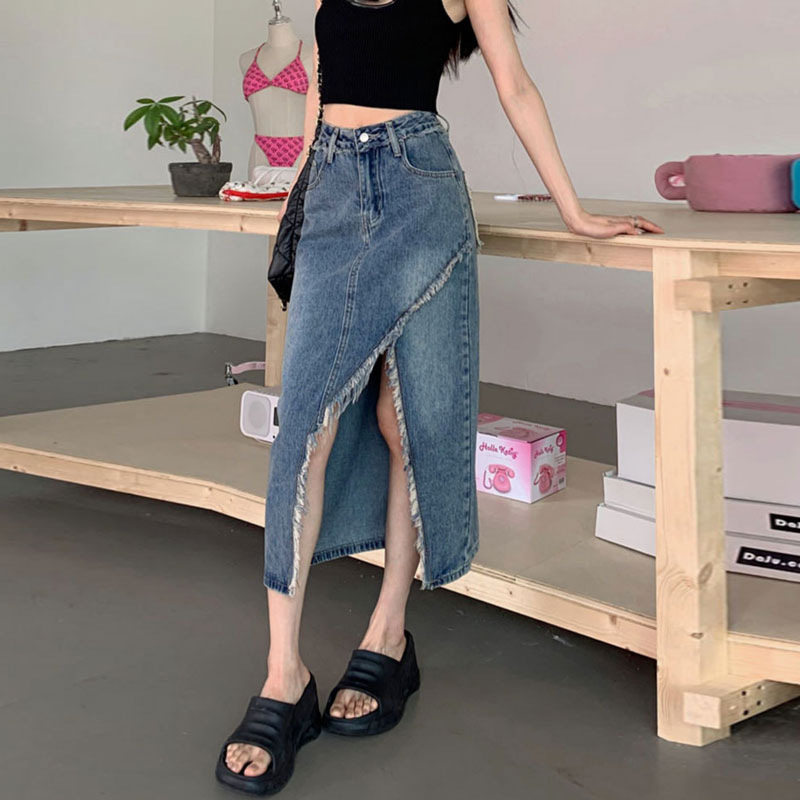 Irregular Hem Denim Skirt for Women High Waist Split Design Fringe Detail A Line Silhouette Summer Casual Wear