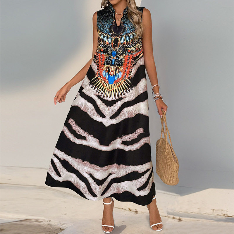 Vintage Style Sleeveless Zebra Print Dress Stand Collar Bohemian Design Elegant Look Perfect for Summer Events