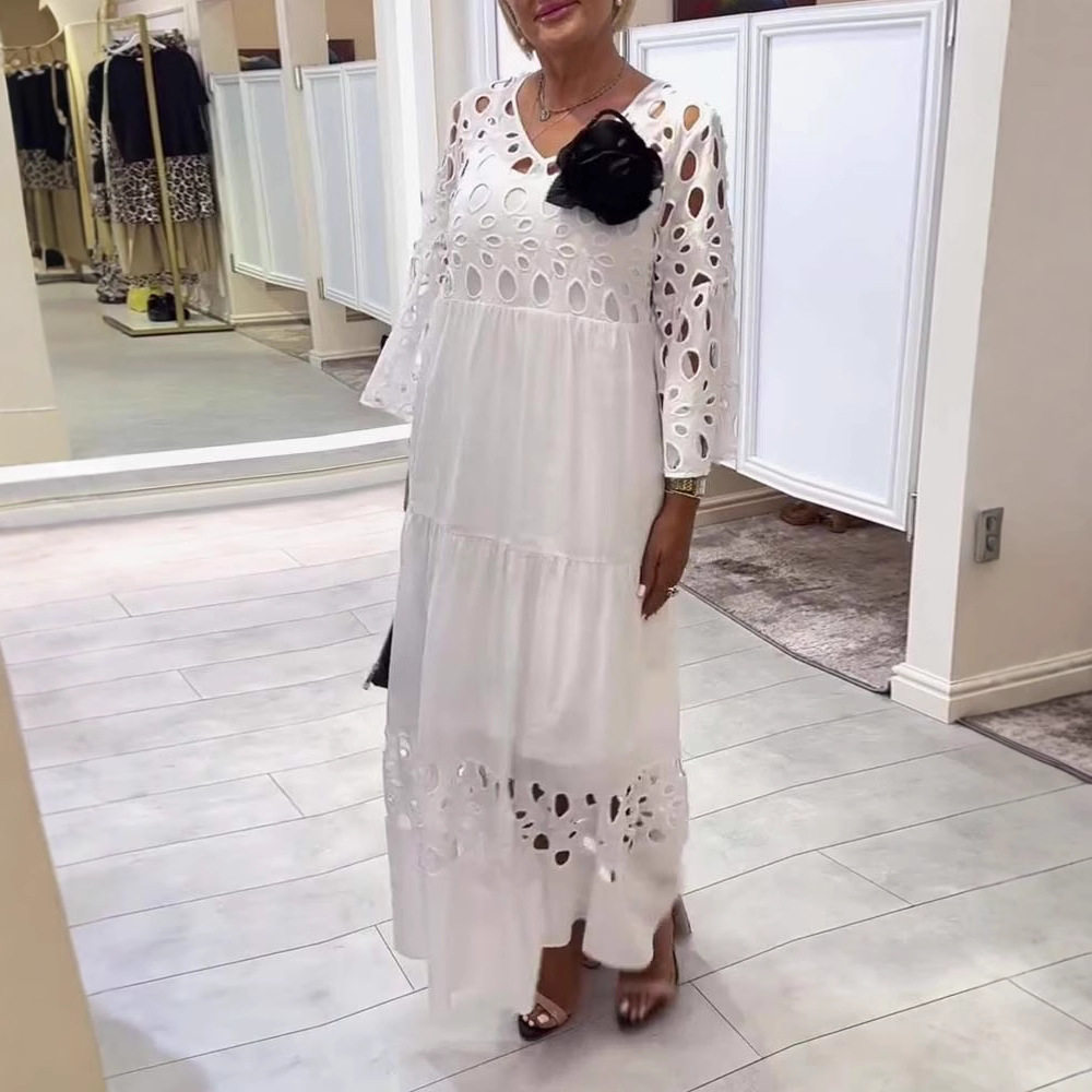 Elegant Lace Hollow Out Maxi Dress Loose Fit V Neck Fashionable Style Perfect for Summer Events Wholesale Available