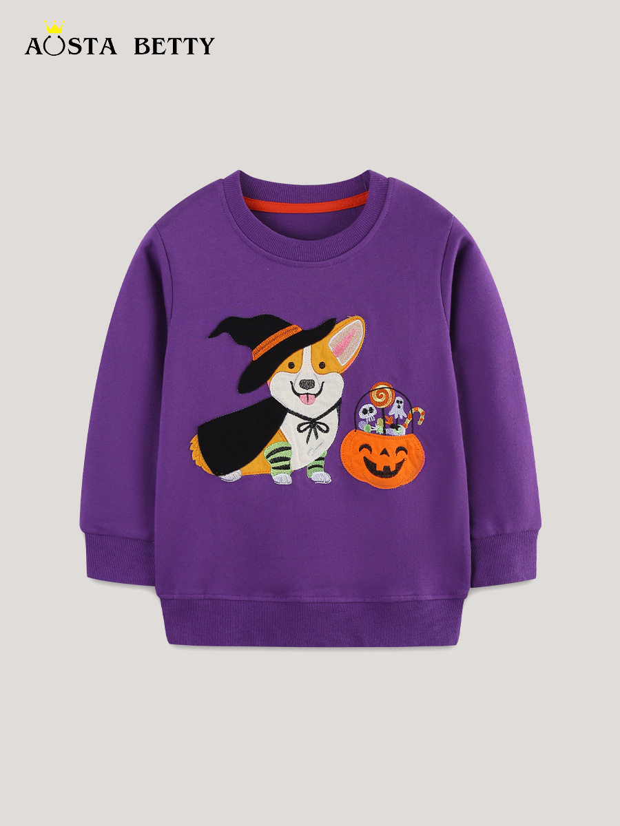 New Autumn Girls' Hoodie, Halloween Cartoon Patch Design, Children's Long-Sleeve Pullover