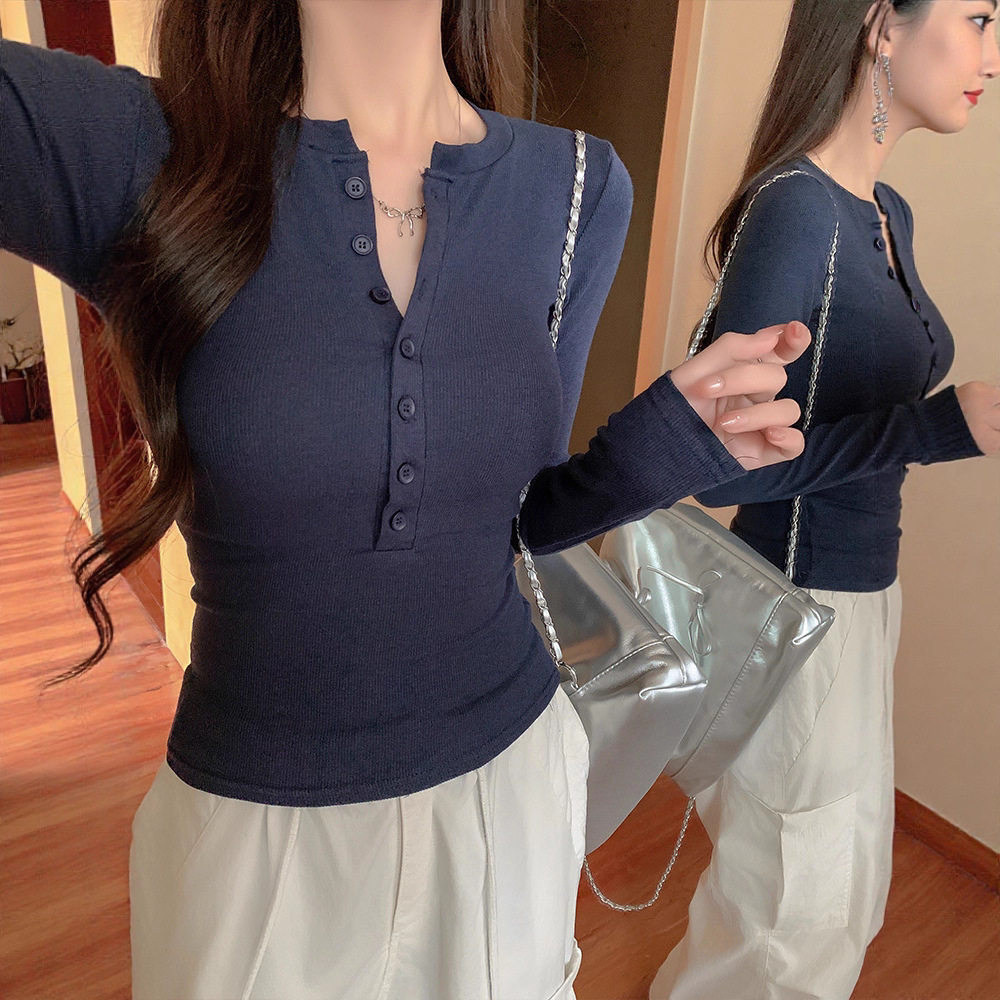 American hot girl half-open collar button long-sleeved T-shi...