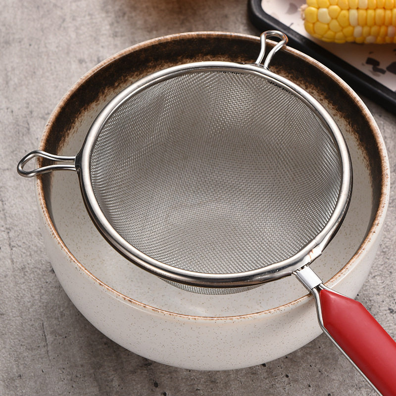 Stainless Steel Short Handle Binaural Mesh Leak Colander Creative Red Handle Flour Sieve Filter Spoon Mesh Kitchen Gadget