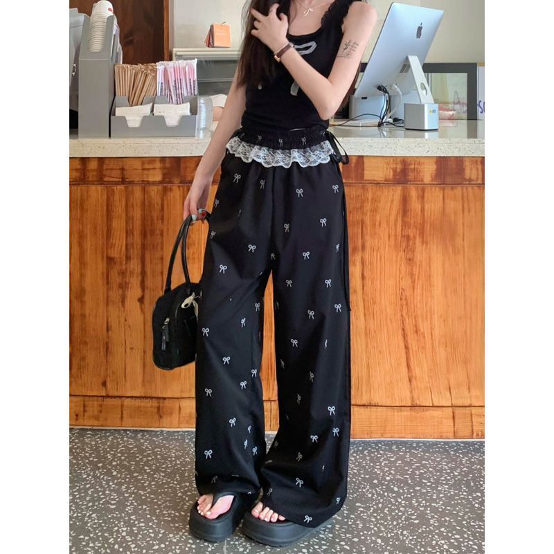Summer Womens Casual Pants Lace Trim Bow Detail Loose Fit Wide Leg Perfect for Everyday Wear Wholesale Available